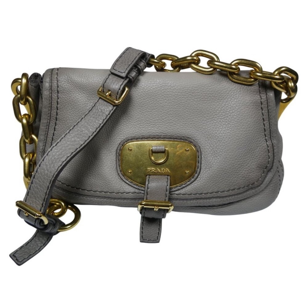 Prada Gray Leather Crossbody Bag with Gold Chain